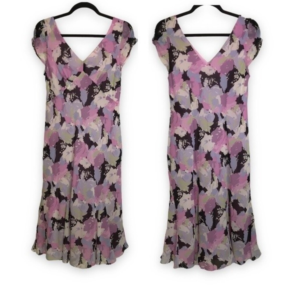 Ann Taylor Floral Watercolor V-Neck Midi Dress in Pink, Lavender, Black